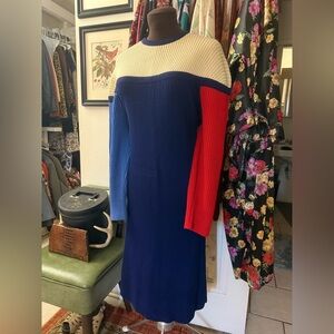Vintage 100% Wool Colorblock Ribbed Knit Shift Sweater Dress - Blue, Cream & Red